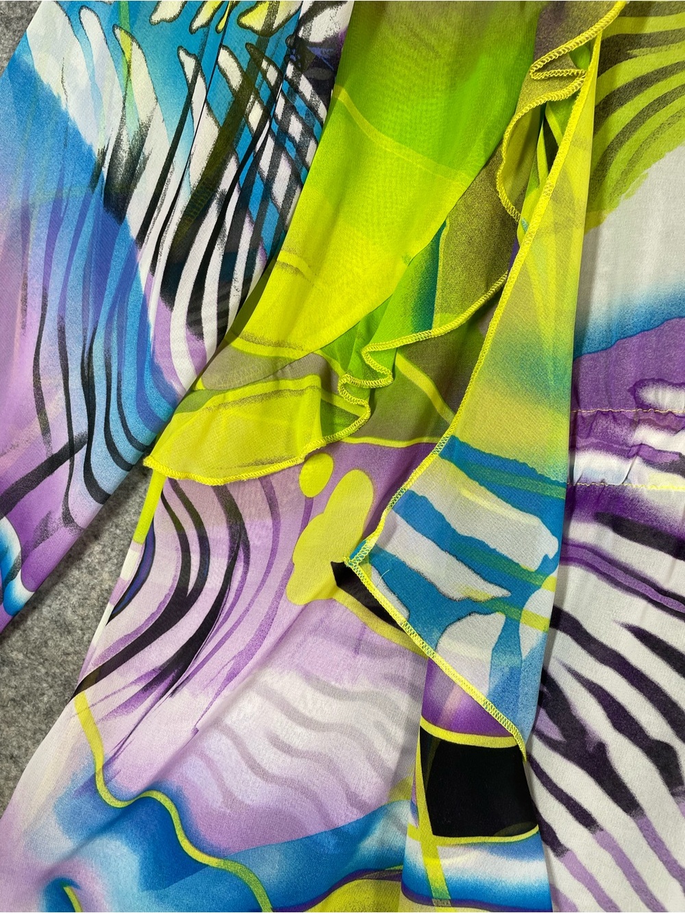 VTG City Girl Y2K Silk Ruffle Cardigan Neon Abstract Medium Resort Boho Festival - Picture 4 of 16
